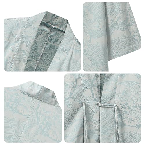 Image of Mens Japanese Kimono Cardigan Cotton Linen Haori Fashion 3 /4 Sleeve Yukata | Shawl Collar Kimono Jacket Robe Embroidery Patchwork Happi Coat Tie Pockets Lightweight Outerwear Daily Casual All Seasons