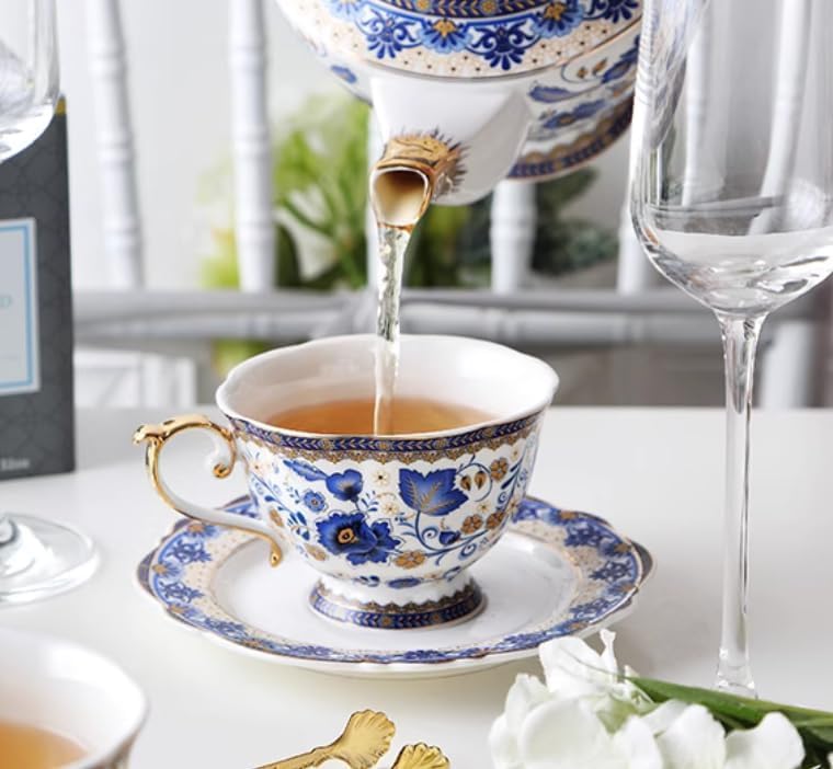Ceramiczny Zestaw Filiżanek Do Kawy I Herbaty Ze Spodkiem Niebieskie Kwiaty Garncarski Kubek Do Kawy I Zestaw Spodków, Prezent Urodzinowy Do Biura I Domu
