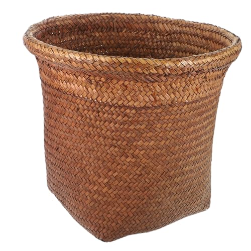 ABOOFAN Straw Woven Wastebasket Large Coffee Color, Decorative Round Trash Can for Bedroom Bathroom Home Office, Small Woven Basket Garbage Bin for Storage and Recycling