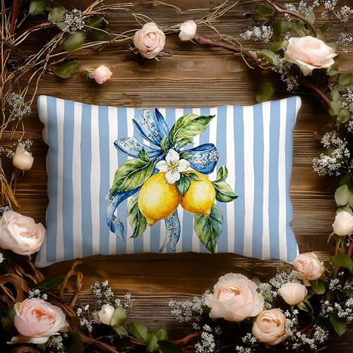 Image of Blue and Yellow Summer Italian Mediterranean Amalfi Coast Lemon Pillow Cover Decor 12x20,Italian Striped Decorative Throw Pillow Cover Decor for Couch Double-Sided