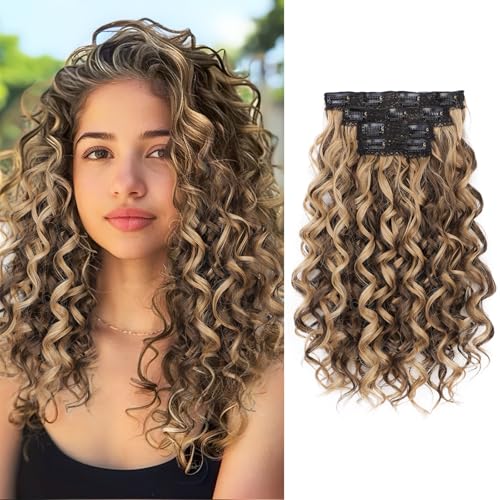 AISI BEAUTY Bouncy Curly Hair Extensions, 4PCS Synthetic Clip in Hair Extensions for Women, Natural Looking & Easy to Wear(16inch,Chocolate Brown Mix Caramel Blonde)