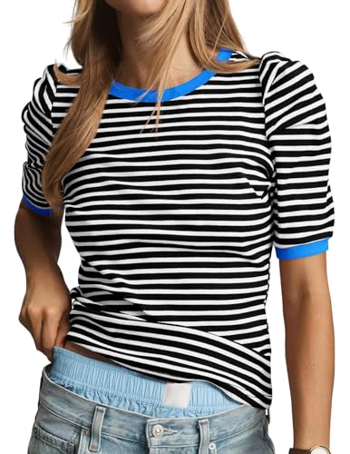 Tankaneo Womens Short Puff Sleeve Tops Trendy Striped Color Block T Shirts Crewneck Casual Shirts