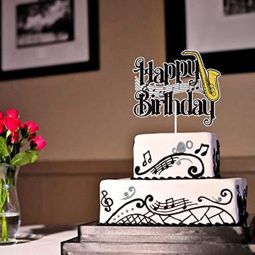 Saxophone Happy Birthday Cake Topper Black Gold Glitter Saxophone Musical Music Notes Cake Decorations Music Lovers Band Themed Birthday Party Supplies For Musician #TOP4