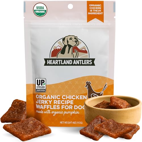 Heartland Antlers Organic Chicken Jerky Dog Treats – Soft Waffle-Style Chews for All Life Stages – Grain-Free, Low Fat, Made in USA, Upcycled Ingredients, 4oz