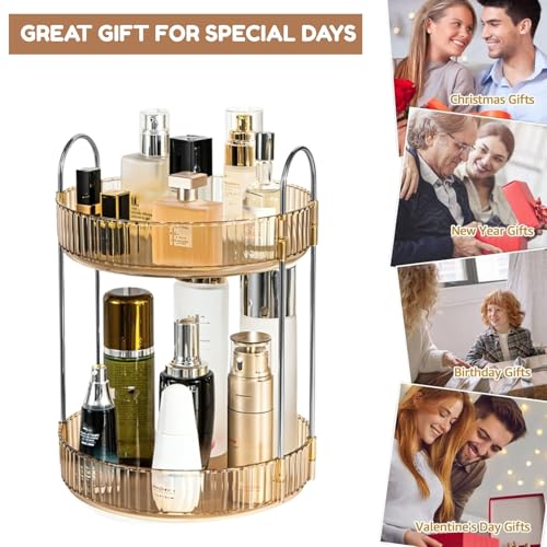 Image of NYALKARAN 360 Rotating Makeup Organizer Large Capacity Cosmetic Storage Box for Vanity Dressing Table & Bathroom Holds Lipsticks Perfume Skincare & Accessories (Golden Amber, 2 LAYER)