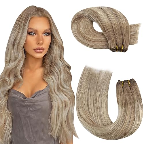 Moresoo Balayage Weft Hair Extensions Sew in Double Weft Extensions Brown Ombre to Platinum Blonde Mixed with Light Brown Human Hair Extensions Weft 14 Inch 100g/Pack #8/22/8