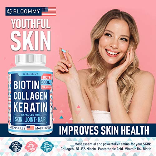 Biotin, Collagen & Keratin Capsules - Joints, Skin & Hair Natural Vitamins - Made in USA - Biotin & Collagen Supplements for Women - Collagen Pills for Hair Care - Collagen Peptides Pills - 60 caps - Thumbnail 2