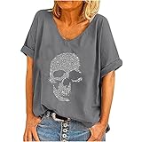 Masrin Damen Sommer Tops Lässiges T-Shirt mit Totenkopf-Strass-Motiv V-Ausschnitt Kurzarm Loser Pullover Plus Size Baggy Tunika-Bluse(3XL,Grau)