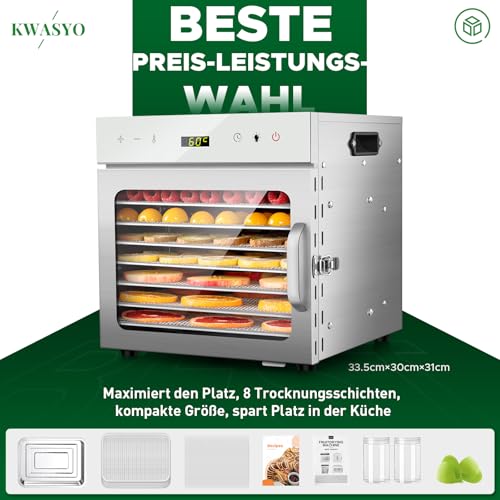 Kwasyo Dörrautomat Edelstahl, 8 Etagen mit 6er Dörrfolie, Rezeptbuch, BPA-frei, 30–90 ℃ Temperatureinstellung, max. 24 Stunden, Dörrautomat für Gemüse, Fleisch, Obst – Bild 4