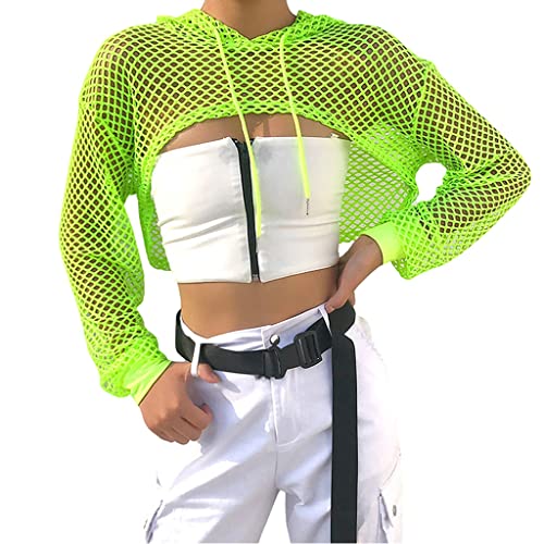 Women Mesh Hoodie Fishnet Long Sleeve Top Hollow Out Crop Top Sexy Crochet See Through T-Shirt Party Clubwear Summer Beach Cover Up Shirt for Ladies (UK, Numeric, 12, 14, Regular, Regular, Neon Green)