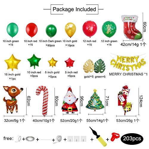 Christmas Balloon Garland Kit, 203 Pcs Green Red Gold leaf stars Confetti Balloons with Santa Claus Christmas Tree Balloon, Equipped with a series of Balloon Tools for Christmas Party Decorations New Year Theme decor