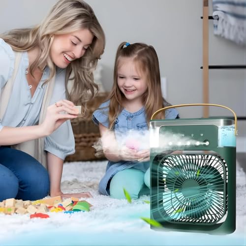 Image of DRUMSTONE (Luxurious 5 Year Warranty) Portable Mini Air Cooler with Mist Function, USB Powered Desk Fan, 600ml Water Tank, 3 Fan Speeds, 7-Color LED Light, Timer Function GREEN