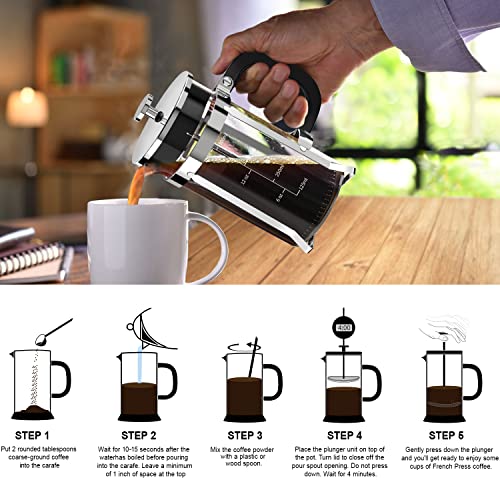 QUQIYSO French Press Coffee Maker 304 Stainless Steel French Press with 4 Filter, Heat Resistant Durable, Easy to Clean, Borosilicate Glass Coffee Press, 100% BPA Free Glass Teapot, 21 ounce, Silver