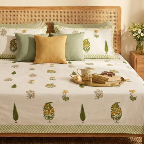 Image of Naksh Bedsheet for Double Bed King Size Minimal Botanical Print 2 Pillow Covers | Minimal Botanical Print in Bedsheet Double Bed | Fresh Contemporary King Bed Design | Royal Sajawat Collection |