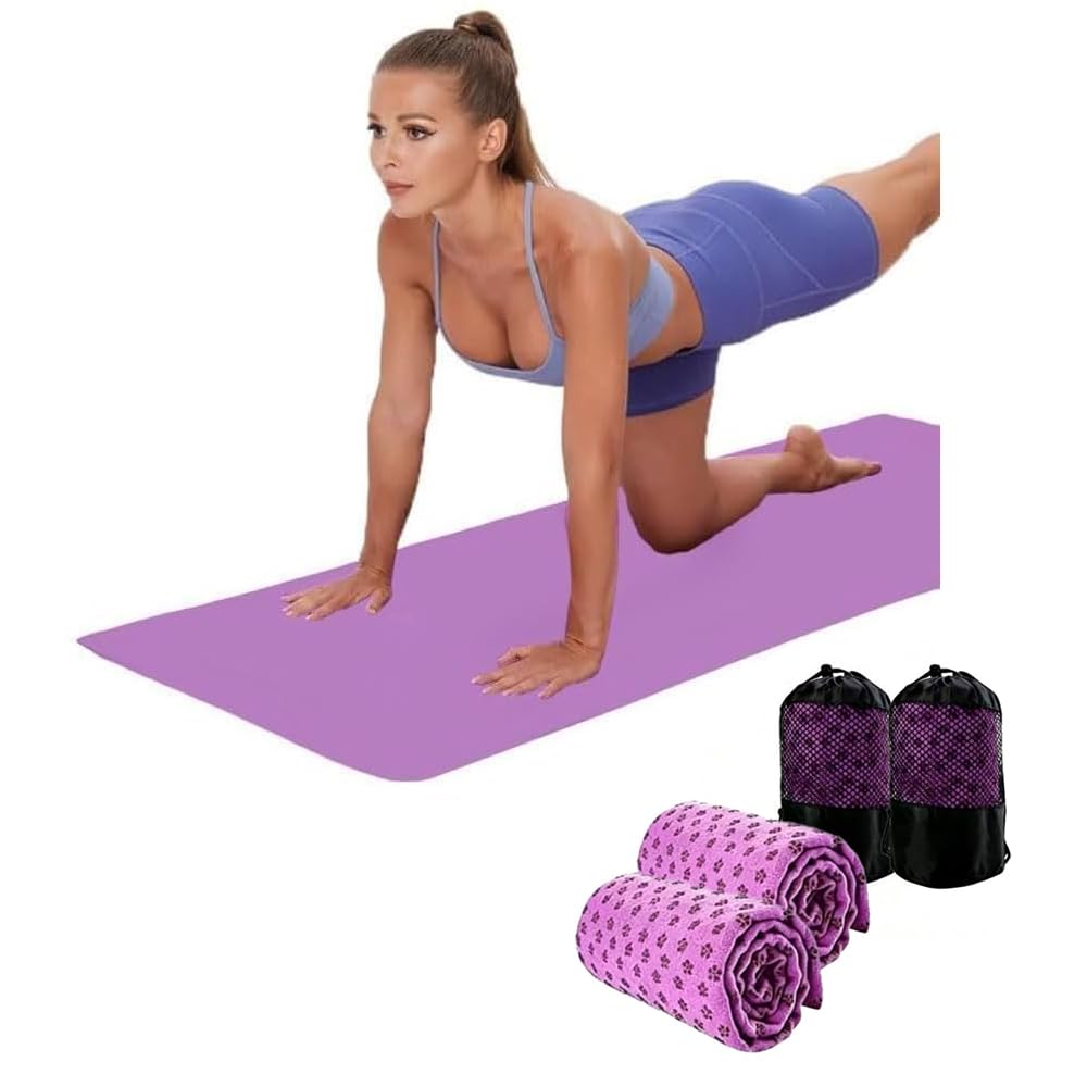 Oaygat 2 Packs Non-Slip Yoga Mat Towel 24x72 Inches Quick-Dry Absorbent Hot Yoga Towel with Mesh Carry Bag Perfect for Bikram Pilates and Workout