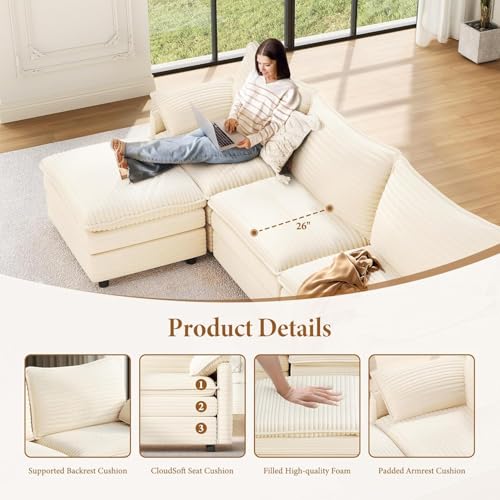 Image of Vesgantti 142 inch Cloud Couch Sectional Modular Sofa, Comfy Sectional Couch with Ottoman Deep Seat Corduroy L Shaped Sofa, Modular Couches for Living Room, Bedroom and Apartment, Beige