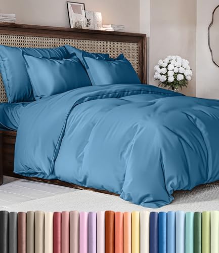 Image of Duvet Cover Cal King Size Set - Extra Soft Cal King Duvet Cover 104 inch x 98 inch with 2 Pillow Shams for Women, Men, Kids & Teens - Hotel Luxury w / Zipper Closures & Ties - Comfy & Breathable (Denim Blue)