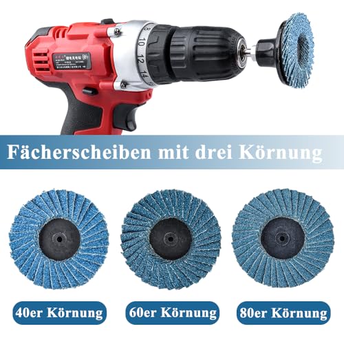 Treki 15 Stück Mini Fächerscheiben für Bohrmaschine 40/60/80er Körnung, 50 MM Schleifscheiben Pad Kit mit 6,35 MM Adapter, Schleifaufsatz für Akkuschrauber, Klein Schleifpapier Schleifpads