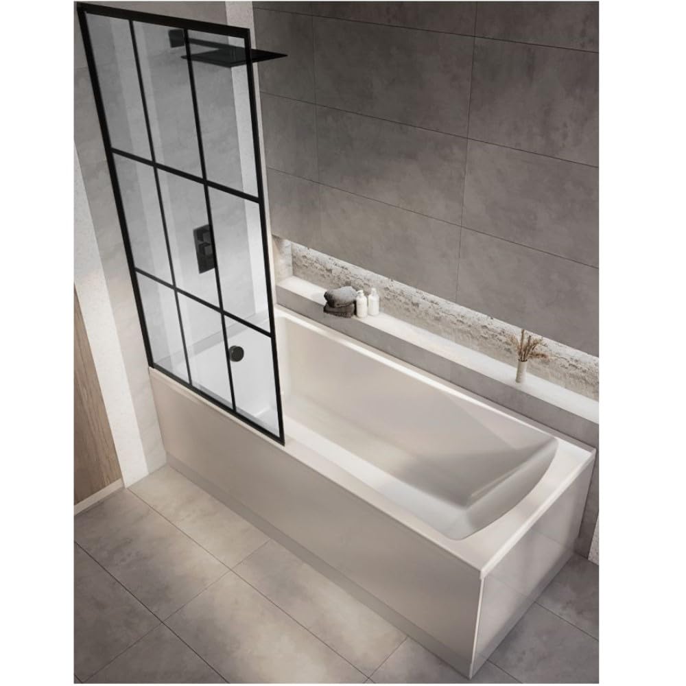 Milano Elswick White 1700mm x 700mm Single Ended Square Shower Bath Black Grid Screen Side Panel