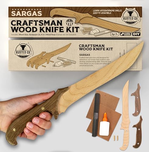 Sargas Wooden Knife Making Kit for Kids Teens and Adults, DIY Craft Woodworking Gift, 13 Inch Hardwood Blade with Walnut Handles and Pins, Includes Rasp Sandpaper Wood Glue How-to Video, Made in USA