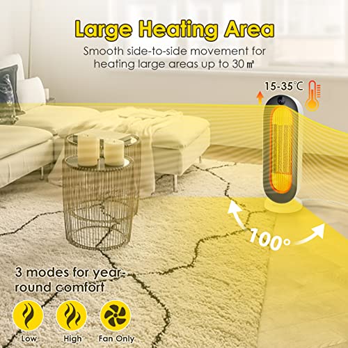 COOCHEER Keramische ventilatorkachel, 2000 W, 3 modi, thermostaat, 12-uurs timer, kantelbeveiliging, 100 graden oscillatieverwarming, voor thuis en op kantoor - Afbeelding 4