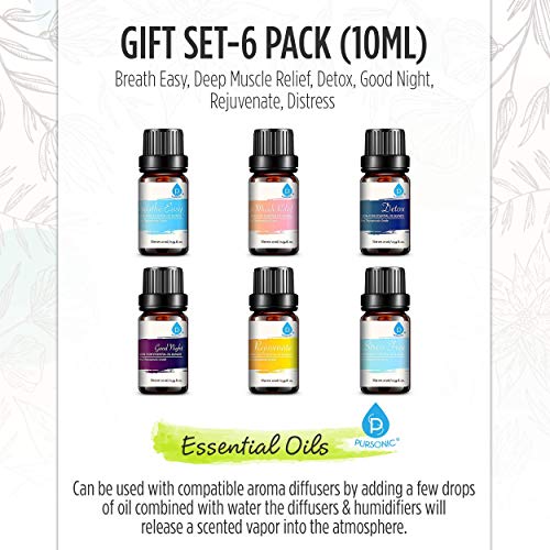 Pursonic 100% Pure Essential Aromatherapy Oils Blends Gift Set-6 Pack , 10Ml(Breath Easy,Deep Muscle Relief,Detox,Good Night,Rejuvenate,Distress) #TOP5