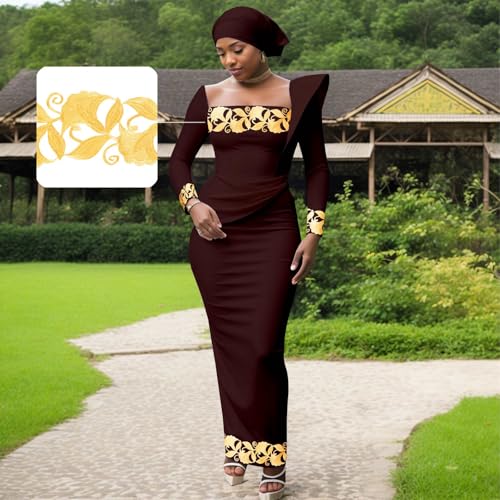 Image of African Dresses for Women High Waist Embroidery Elegant Traditional Midi Dress with Headscarf