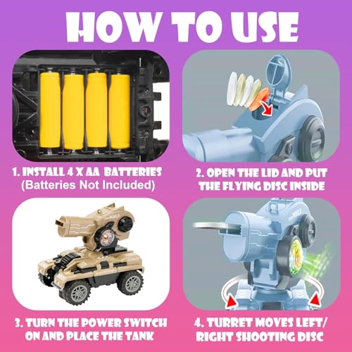 Image of VGRASSP Bump and Go UFO Disc Launcher Tank Toy for Kids with 5 Discs - Automatic Rotating Turret Shooter with Cool LED Lights and Sound Effects - Interactive Musical Vehicle Gift - Color As Per Stock