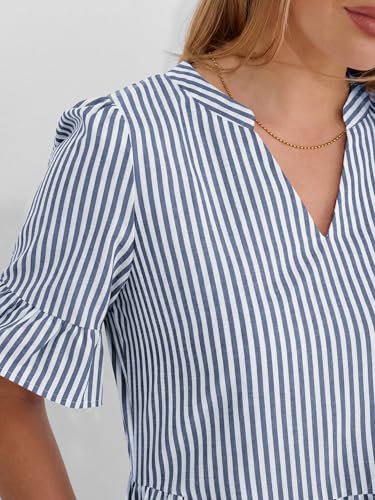 Image of Caracilia Dresses for Women Summer 2026 Striped V Neck Ruffle Sleeve A Line Tiered Flowy Casual Mini Beach Dress with Pockets