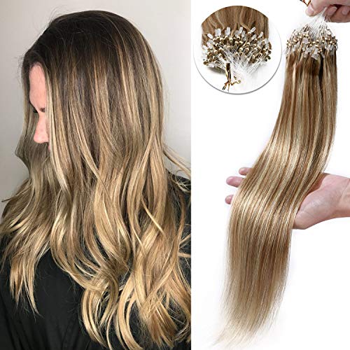 S-noilite Micro Loop Ring Hair Extensions Human Hair Balayage 16Inch 50g 50 Strands Micro Bead Links Hairpiece Pre Bonded Cold Fusion Tipped Silky Brazilian Hair #12/613 Golden Brown/Bleach Blonde