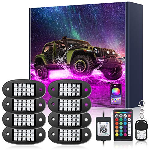 AMBOTHER LED RGB Rock Lights 120 LEDs 8 Pods Underglow APP Multicolor Music Sync Waterproof Neon with 24 Key 4 Key Remote Controller Exterior Under Glow Light for Trucks Car Off Road