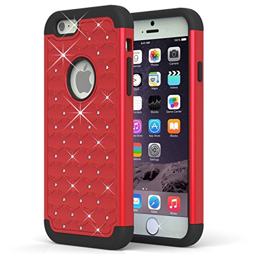 PASONOMI iPhone 6 Plus Case, Hybrid Stud Rhinestone Bling Armor Defender Case Cover for Apple iPhone 6 Plus 5.5 inch with Dazzling Diamond (Red)