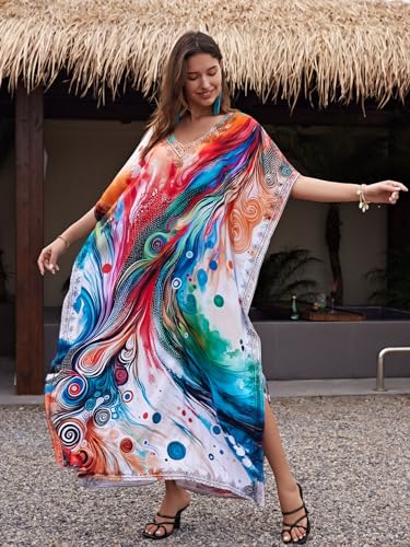 Image of IMAGEKOPE Women's Plus Size Loose Fit Moroccan Print V-Neck Batwing Kaftan Beach Dress Bathing Suit Cover Up