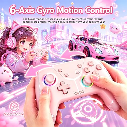 Image of Switch Controller, Wireless Pro Controller for Nintendo Switch 2 /Switch /Lite /OLED, Bluetooth controllers Compatible with iPhone /Mac /iPad /iOS /Android /Phone /PC /Steam and TV with Programming /RGB4 /Vibration / 3 Turbo Modes /6-Axis /Motion (Pink)