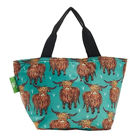 Eco Chic Lightweight Foldable Lunch Bag | Water Resistant Insulated Cooler Bag for Work/Picnics/Hiking/Camping BBQs | Made from Recycled Plastic Bottles (Highland Cow Teal) Cover
