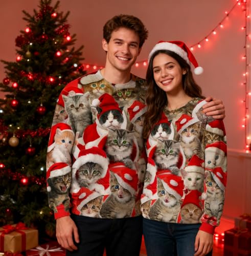 RAISEVERN All-Over Santa Hat Kittens Christmas Sweatshirt - Image 2