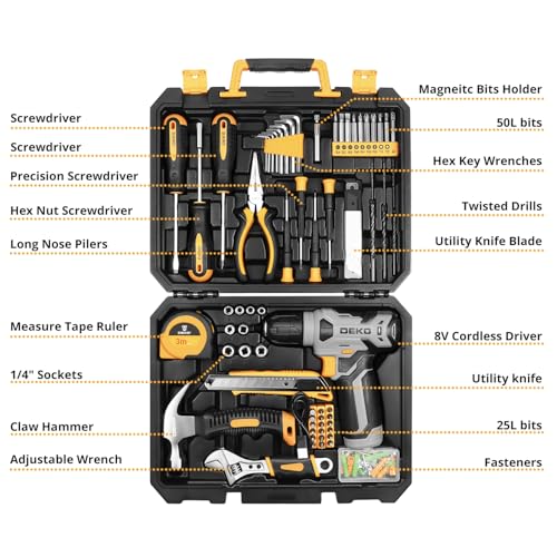 DEKOPRO Tool Set:Tool Kit with 8V Cordless Drill,Tool Box with Drill,Hand Drill Set for Men & Women,Home Tool Kits for House Repair,Handyman,DIY 126 Piece