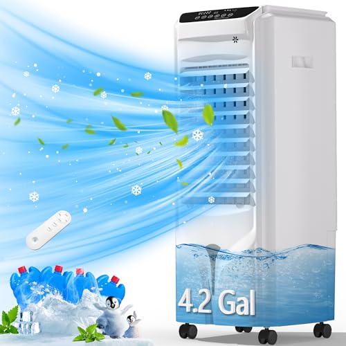 Image of Evaporative Air Cooler, 1800 CFM Swamp Cooler with 4.2 Gal Water Tank,120° Swing, 12H Timer, Remote, 3 Modes & 3 Speeds, 4 Ice Packs, Fans that Blow Cold Air for Room, Bedroom, Office, Glacier White