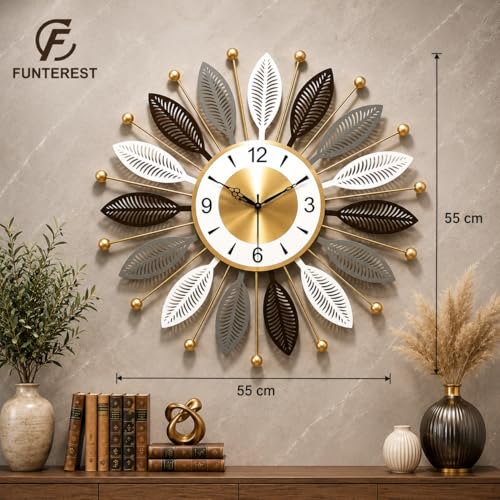 Image of FUNTEREST Large Metal Decorative Wall Clock for Living Room | Luxury Sunburst Leaf Design Wall Clock | Multicolor Vintage Finish | Silent Quartz Movement | Home, Bedroom & Office Wall Decor (55X55)