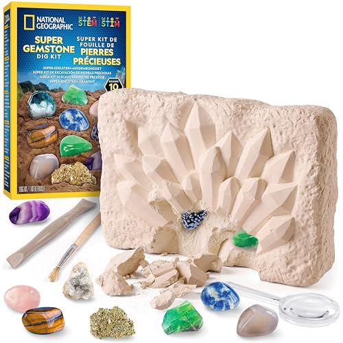 National Geographic Kit de Excavación de Gemas con 10 Auténticas Piedras Preciosas para Niños, Descubre Las Gemas con Herramientas de Excavación y una Lupa, Kits de Ciencia
