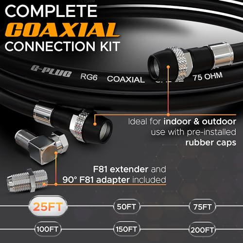 G-PLUG RG6 Coaxial Cable 25FT – Quad Shielded, Waterproof, 75 Ohm with F-Type Connectors, High-Performance for HDTV, Satellite, Internet & Outdoor Use