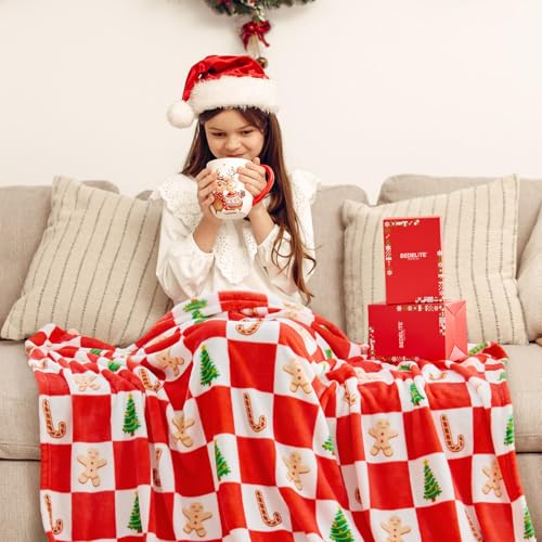 Image of BEDELITE Christmas Blanket Twin Size - Red and White Checkered Holiday Throw with Gingerbread Man, Candy Cane & Christmas Tree Pattern, Soft Fleece Christmas Blanket for Home Decor & Gift, 60 inchx80 inch