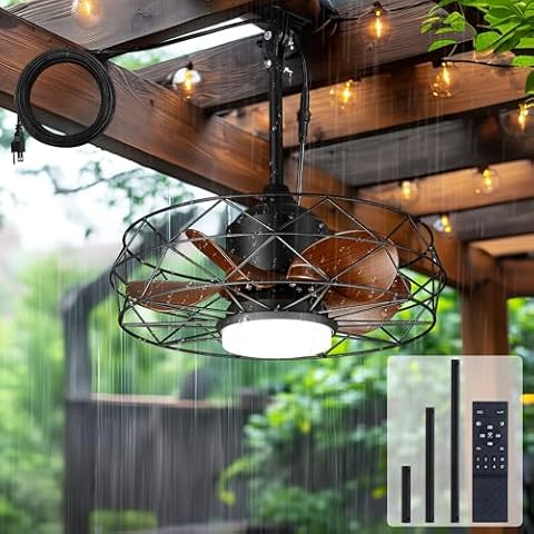 JAZAVA Outdoor Ceiling Fans with Light and Remote Control, 20" Wet-Rated Gazebo Hanging Fans for Patios, Caged Ceiling Fan with 3 Color Temperatures,CF07-BK Cover
