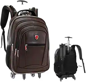 Mochila com Rodinhas, Couro PU, USB, Trava Anti-furto, Compartimento para Notebook (Marrom)
