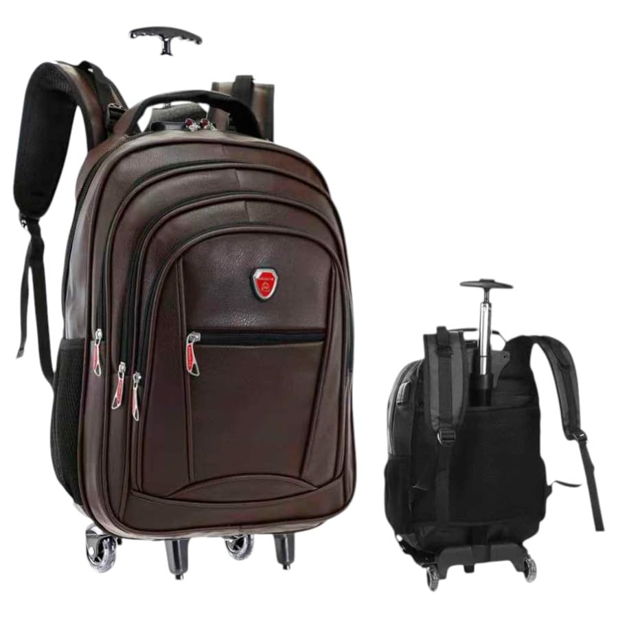 Mochila com Rodinhas, Couro PU, USB, Trava Anti-furto, Compartimento para Notebook (Marrom)