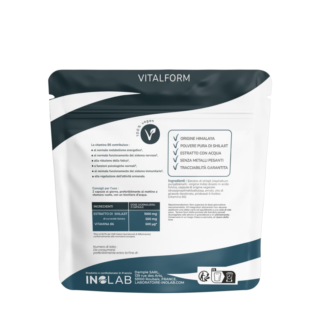 INOLAB Shilajit Puro Originale Himalaya | Titolato al 50% in Acido Fulvico I Integratore per Energia, Equilibrio ormonale, Vitalità maschile e Benessere Mentale I Shilajit Mumijo Capsule Vegan