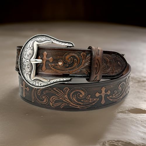 Western Cross Leather Belt for Men Handmade Religous Full Grain Cowboy Leather Belt 1.5” Wide Engraved Embossed Tooled4