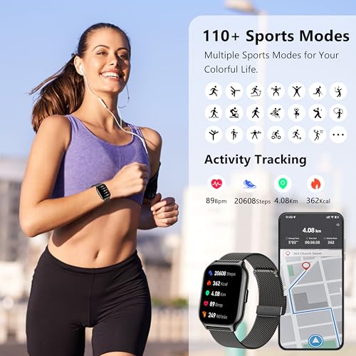 Smartwatch für Damen Herren,Fitnesstracker 2'01 Zoll mit Telefonfunktion/Sprachassistent/Message Reminder,Fitnessuhr Puls-Schlaf-Monitor(Metall schwarz + Silikon schwarz) – Bild 4