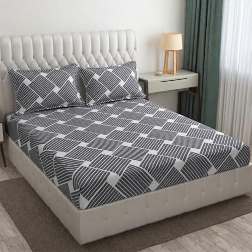 Image of Cotton Bolls Textiles Glace Cotton Flat Bedsheet 90x90 Inch with 2 Pillow Covers - Soft Breathable Glace Cotton, Printed Bedding Set for Double Bed, Grey