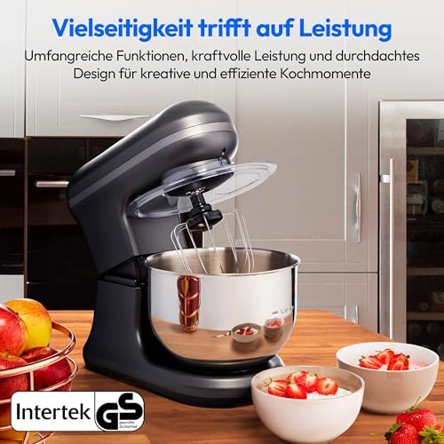 Bild 1 - MEDION Küchenmaschine (5 Liter Edelstahlschüssel, 1.200 Watt, Eisschüssel für Zubereitung von Eis, Mischen Kneten Rühren, Digitales Display, Knetmaschine, Teigmaschine, MD18420) Titan